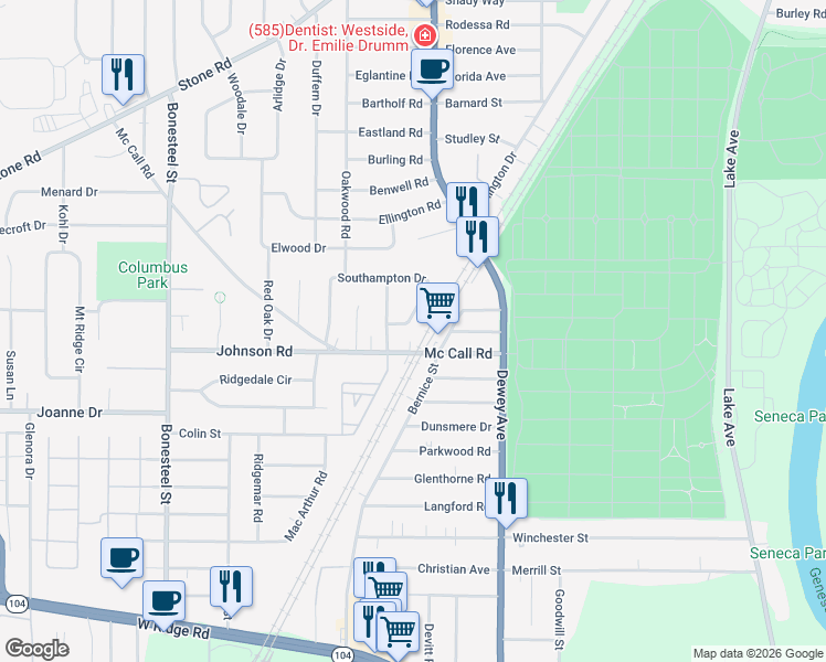 map of restaurants, bars, coffee shops, grocery stores, and more near 122 Mc Call Road in Rochester