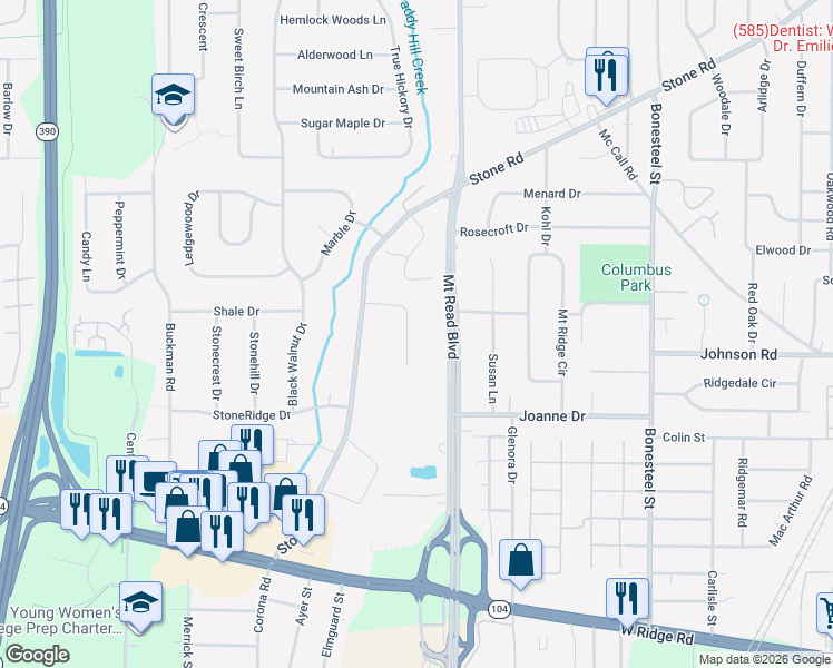 map of restaurants, bars, coffee shops, grocery stores, and more near 82 Ridgelea Court in Rochester