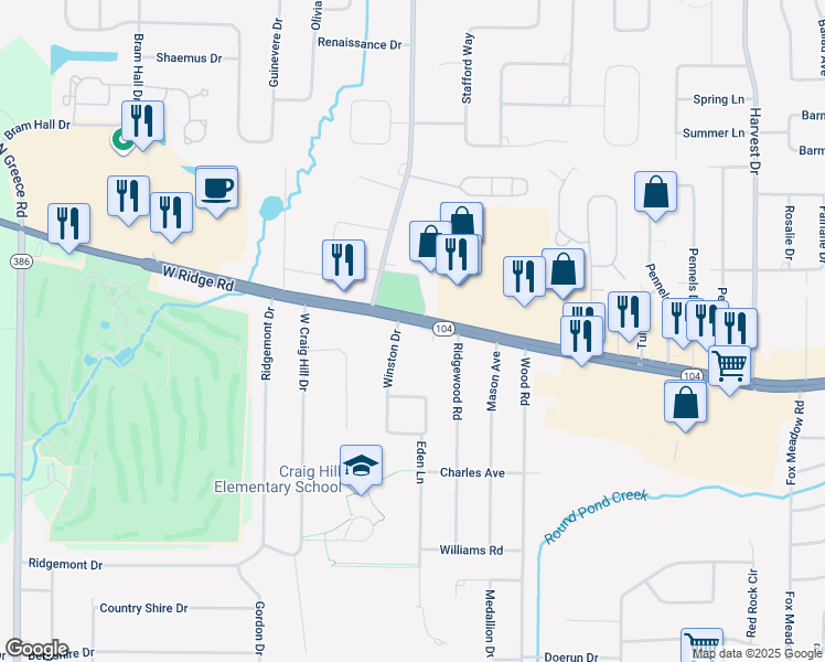 map of restaurants, bars, coffee shops, grocery stores, and more near 10 Winston Drive in Rochester