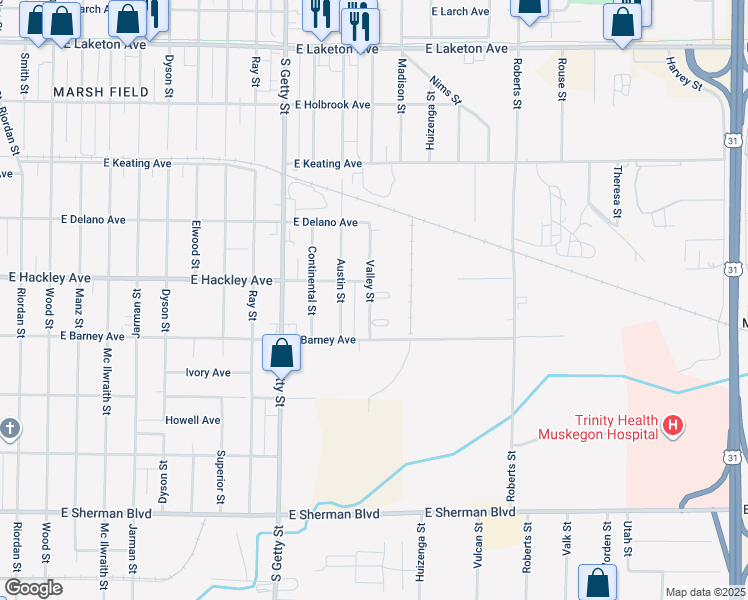 map of restaurants, bars, coffee shops, grocery stores, and more near 2216 Valley Street in Norton Shores