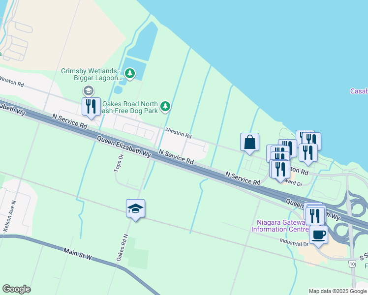 map of restaurants, bars, coffee shops, grocery stores, and more near 51 Lakelawn Road in Grimsby