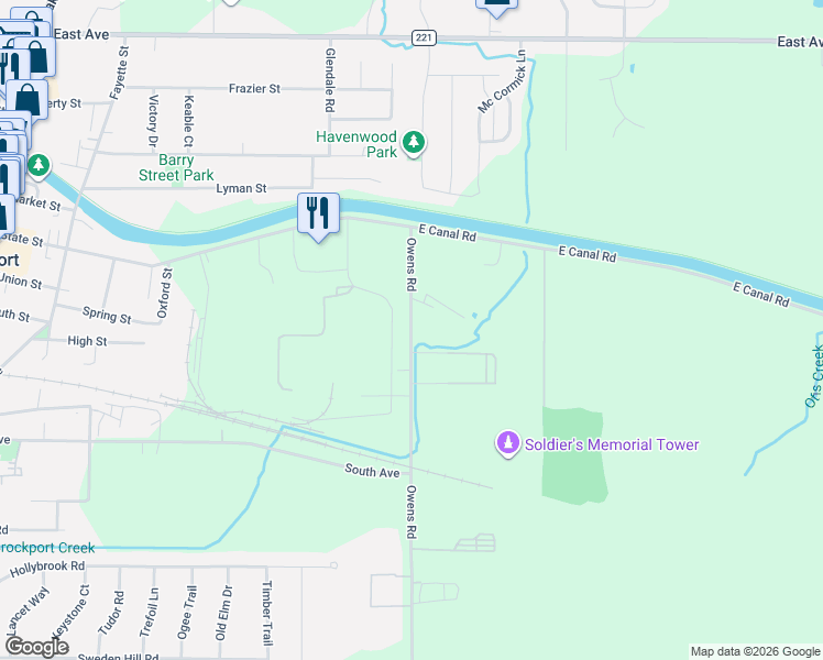 map of restaurants, bars, coffee shops, grocery stores, and more near 0 Owens Road in Brockport