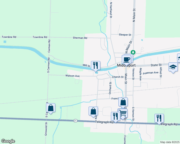 map of restaurants, bars, coffee shops, grocery stores, and more near 3 Taylor Street in Middleport