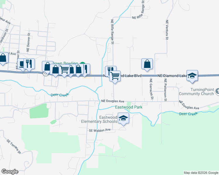 map of restaurants, bars, coffee shops, grocery stores, and more near 222 Northeast Rifle Range Street in Roseburg