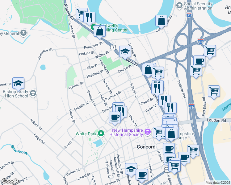 map of restaurants, bars, coffee shops, grocery stores, and more near 35 Franklin Street in Concord
