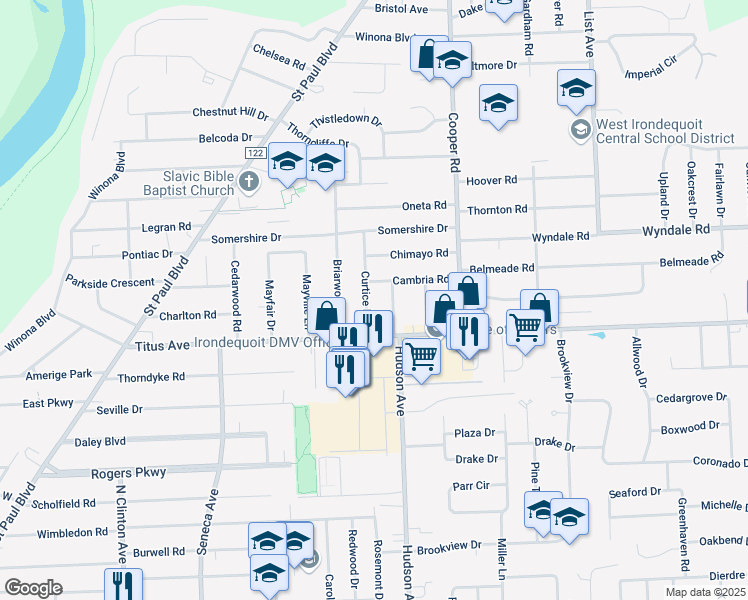 map of restaurants, bars, coffee shops, grocery stores, and more near 65 Curtice Road in Rochester