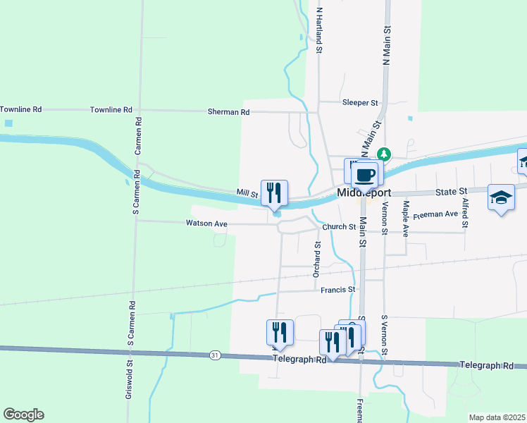 map of restaurants, bars, coffee shops, grocery stores, and more near 3 Taylor Street in Middleport