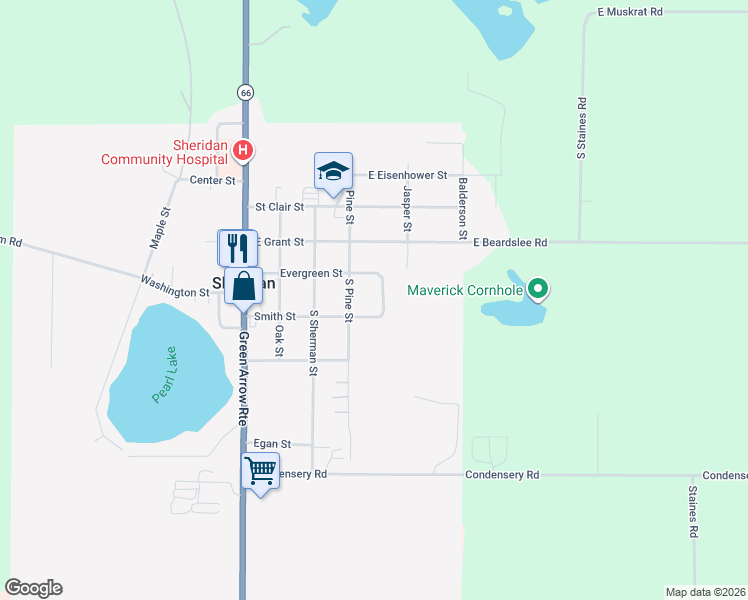 map of restaurants, bars, coffee shops, grocery stores, and more near 206 Pearl Street in Sheridan