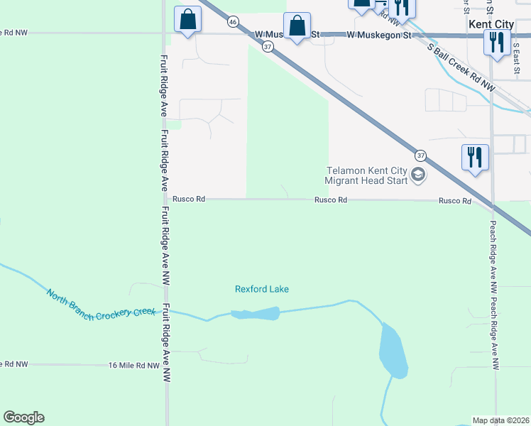 map of restaurants, bars, coffee shops, grocery stores, and more near 3784 Rusco Road in Kent City