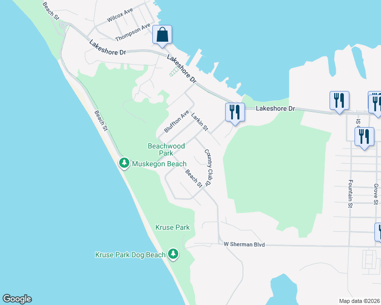 map of restaurants, bars, coffee shops, grocery stores, and more near 2270 Resort Avenue in Muskegon