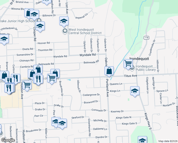 map of restaurants, bars, coffee shops, grocery stores, and more near 1020 Titus Ave in Rochester