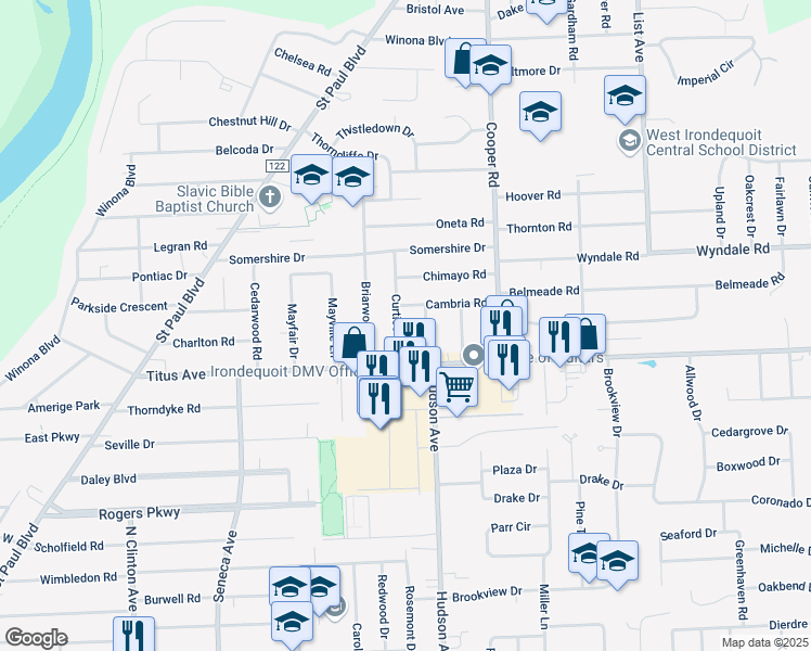 map of restaurants, bars, coffee shops, grocery stores, and more near 65 Curtice Road in Rochester