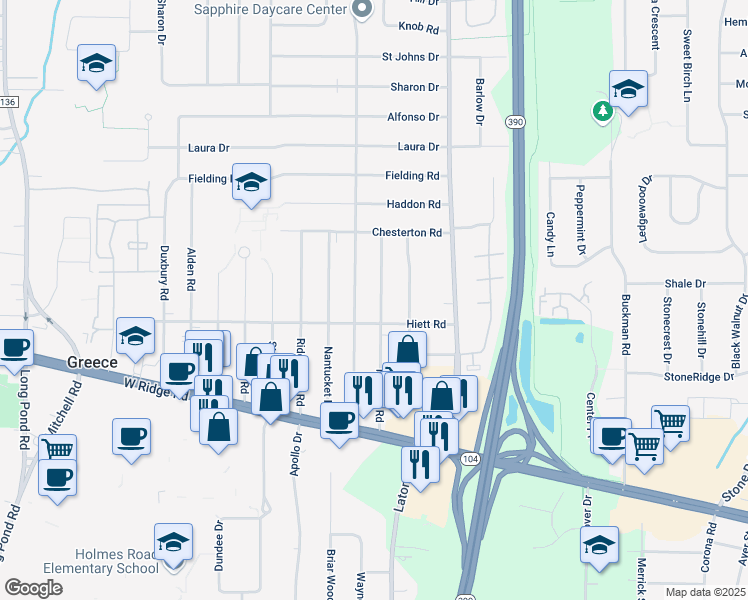 map of restaurants, bars, coffee shops, grocery stores, and more near 203 Newton Road in Rochester
