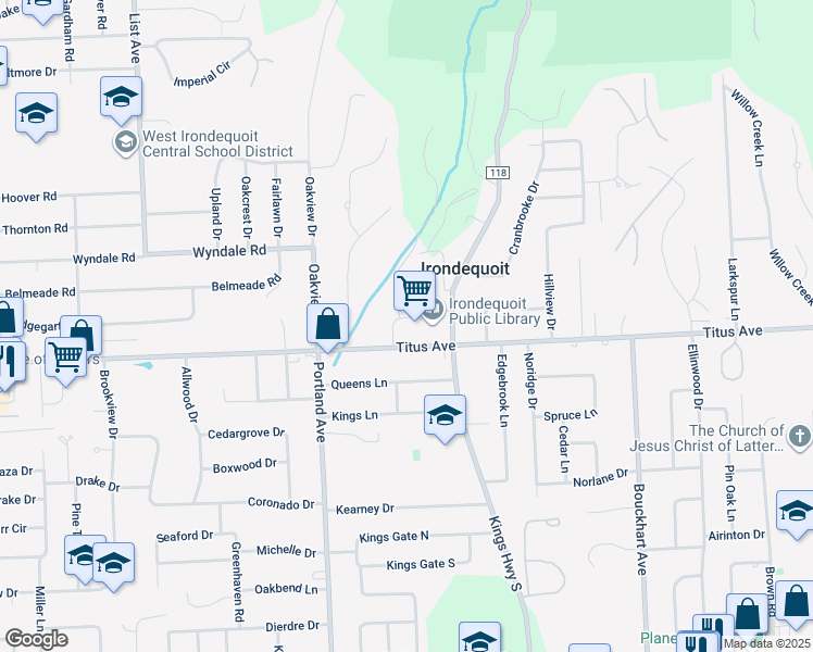 map of restaurants, bars, coffee shops, grocery stores, and more near 1280 Titus Avenue in Rochester