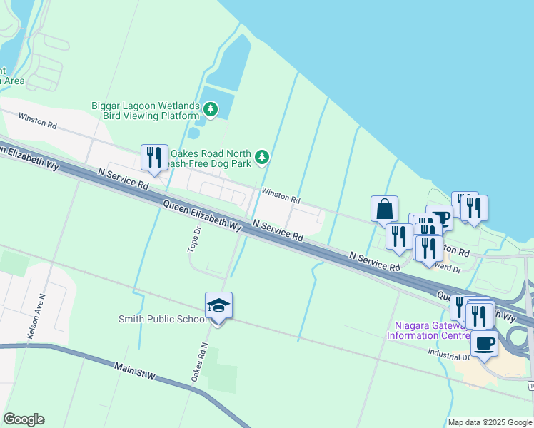 map of restaurants, bars, coffee shops, grocery stores, and more near 8 Lakelawn Road in Grimsby