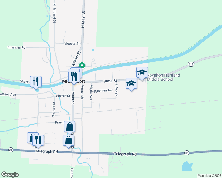 map of restaurants, bars, coffee shops, grocery stores, and more near 23 Freeman Avenue in Middleport