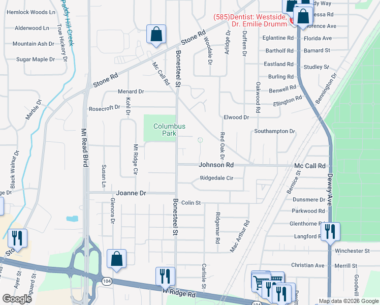 map of restaurants, bars, coffee shops, grocery stores, and more near 43 Bonesteel Circle in Rochester