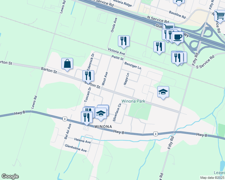 map of restaurants, bars, coffee shops, grocery stores, and more near 315 Winona Road in Hamilton