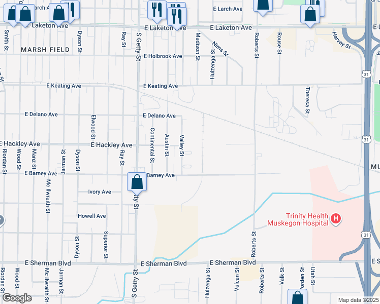 map of restaurants, bars, coffee shops, grocery stores, and more near 2216 Valley Street in Norton Shores