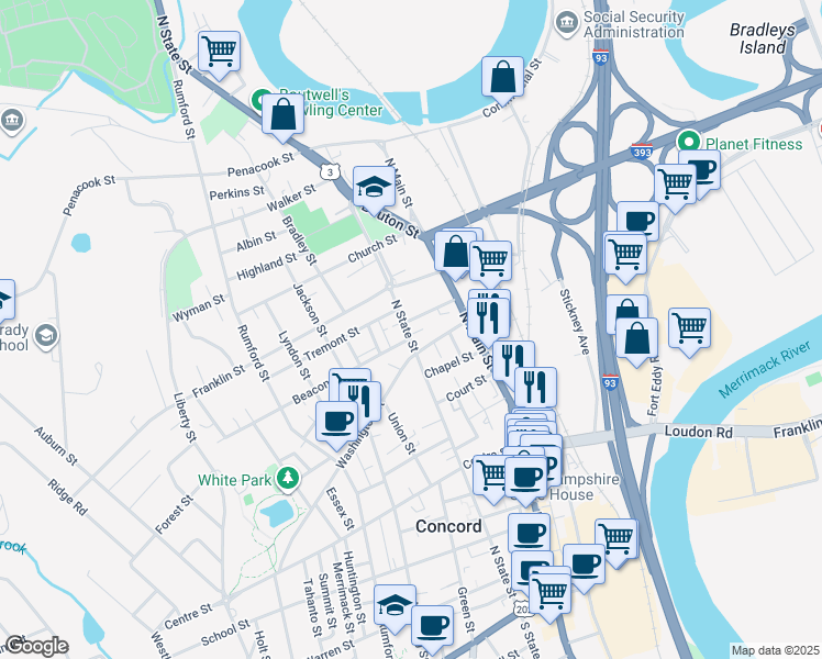 map of restaurants, bars, coffee shops, grocery stores, and more near 19 Pearl Street in Concord
