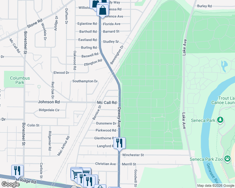 map of restaurants, bars, coffee shops, grocery stores, and more near 2365 Dewey Avenue in Rochester