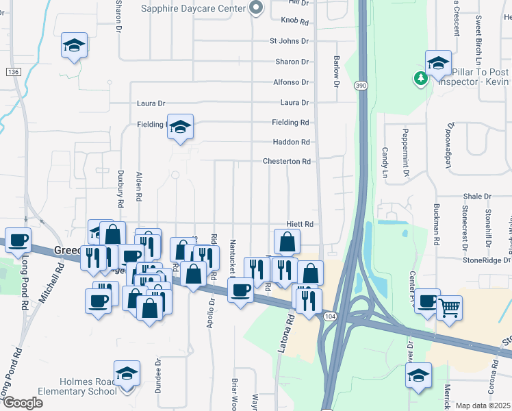 map of restaurants, bars, coffee shops, grocery stores, and more near 205 Cabot Road in Rochester