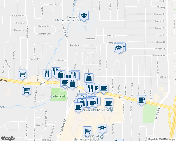 map of restaurants, bars, coffee shops, grocery stores, and more near 48 Grecian Gardens Drive in Rochester