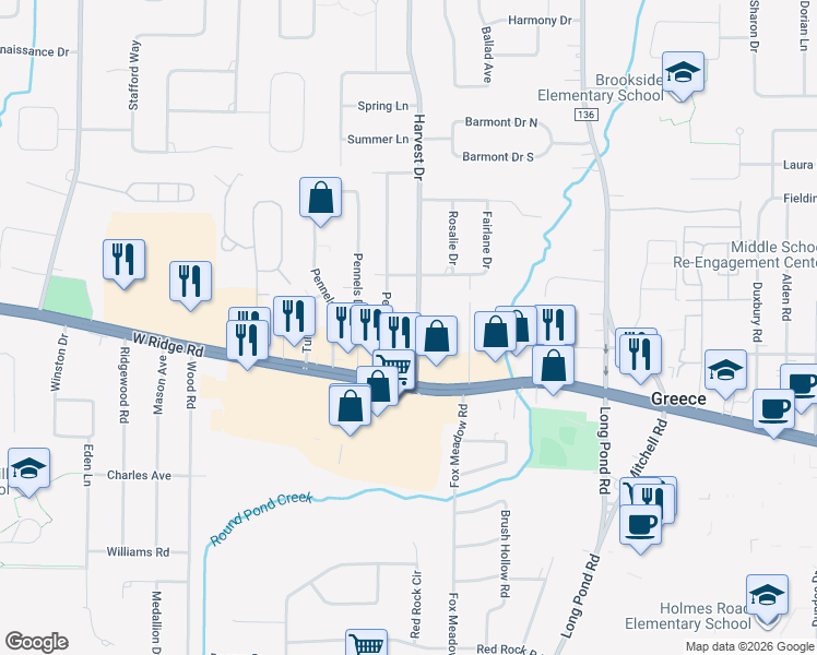 map of restaurants, bars, coffee shops, grocery stores, and more near 84 Harvest Drive in Rochester