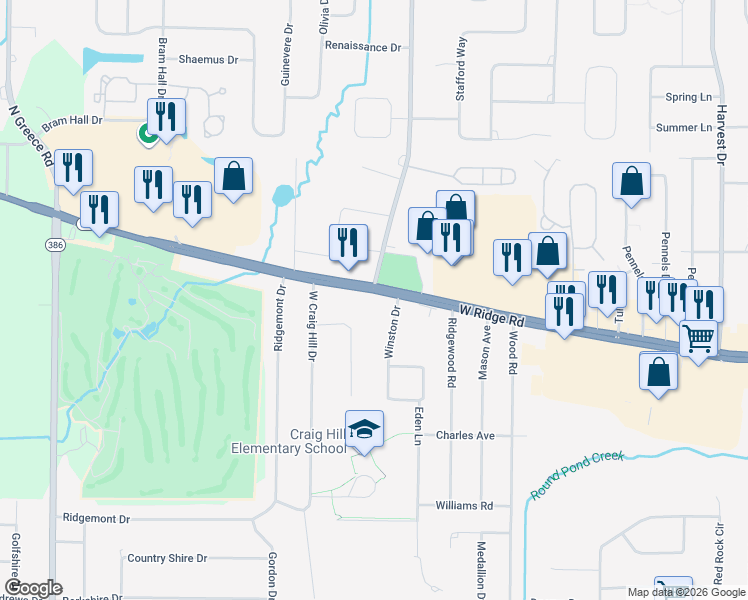 map of restaurants, bars, coffee shops, grocery stores, and more near 3349 West Ridge Road in Rochester