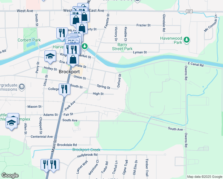 map of restaurants, bars, coffee shops, grocery stores, and more near 83 Spring Street in Brockport