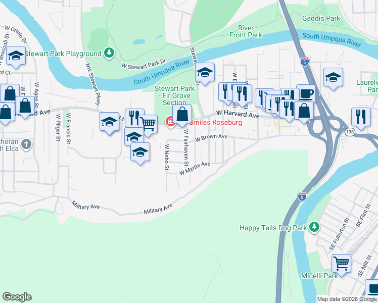 map of restaurants, bars, coffee shops, grocery stores, and more near 813 West Fairhaven Street in Roseburg