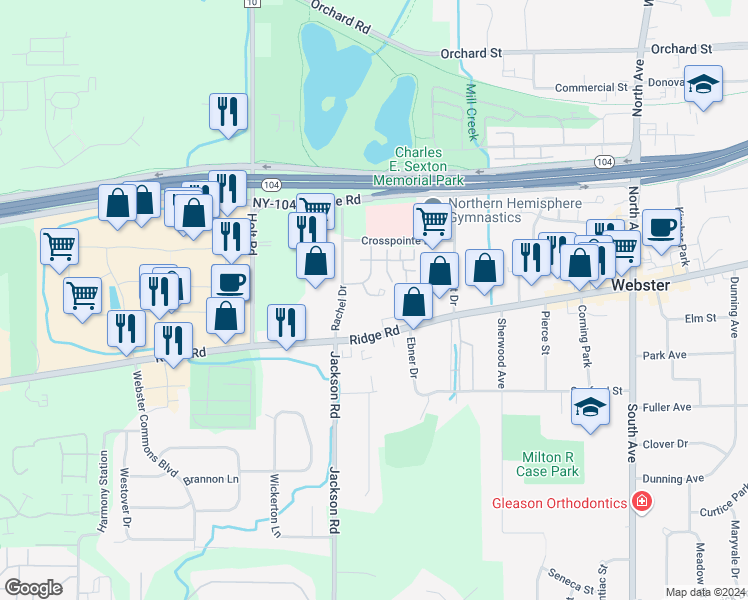 map of restaurants, bars, coffee shops, grocery stores, and more near 1109 Coralhurst Court in Webster