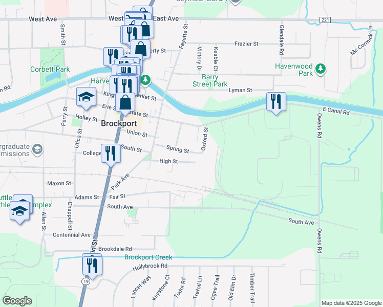 map of restaurants, bars, coffee shops, grocery stores, and more near 83 Spring Street in Brockport