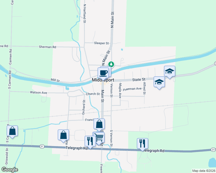 map of restaurants, bars, coffee shops, grocery stores, and more near 8 Vernon Street in Middleport