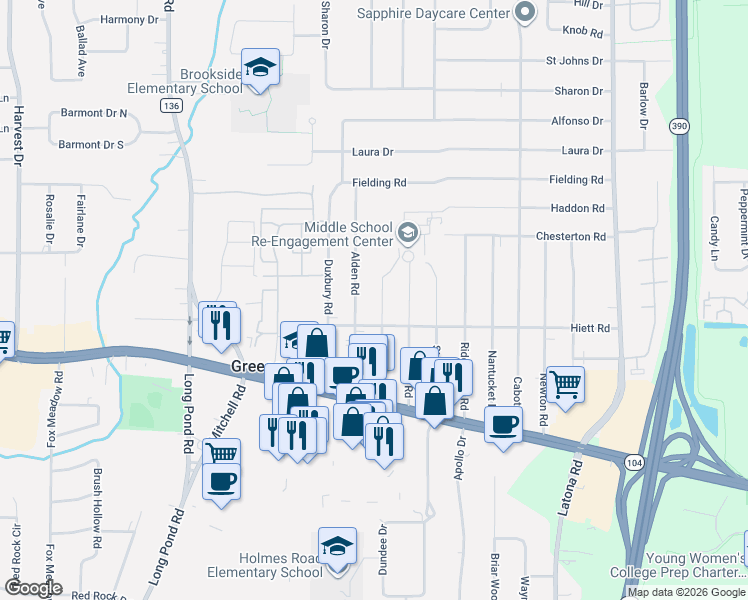 map of restaurants, bars, coffee shops, grocery stores, and more near 159 Greenfield Road in Rochester