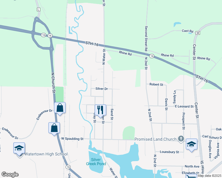 map of restaurants, bars, coffee shops, grocery stores, and more near 124 Silver Drive in Watertown