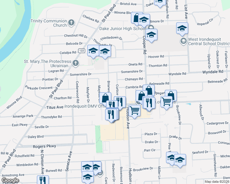 map of restaurants, bars, coffee shops, grocery stores, and more near 65 Curtice Road in Rochester