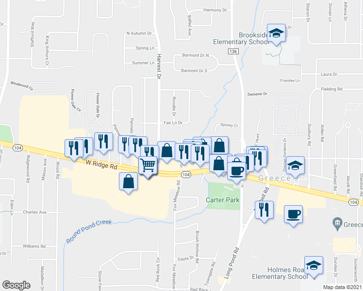 map of restaurants, bars, coffee shops, grocery stores, and more near 10A North Glen Drive in Rochester
