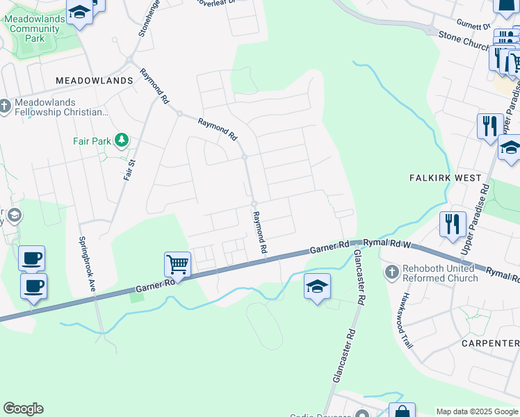 map of restaurants, bars, coffee shops, grocery stores, and more near 288 Raymond Road in Hamilton