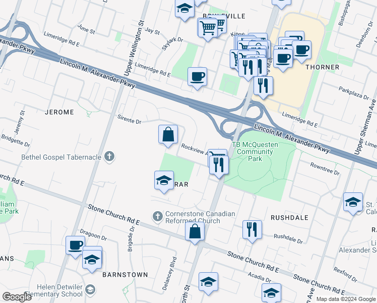 map of restaurants, bars, coffee shops, grocery stores, and more near 18 Rockview Avenue in Hamilton