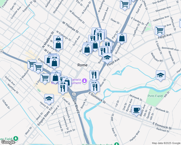 map of restaurants, bars, coffee shops, grocery stores, and more near 206 Steuben Street in Rome