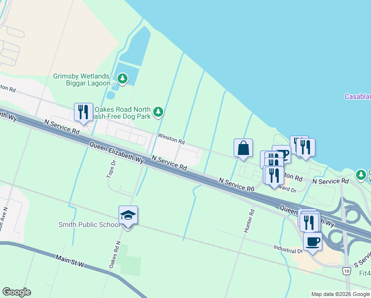 map of restaurants, bars, coffee shops, grocery stores, and more near 7 Lakelawn Road in Grimsby