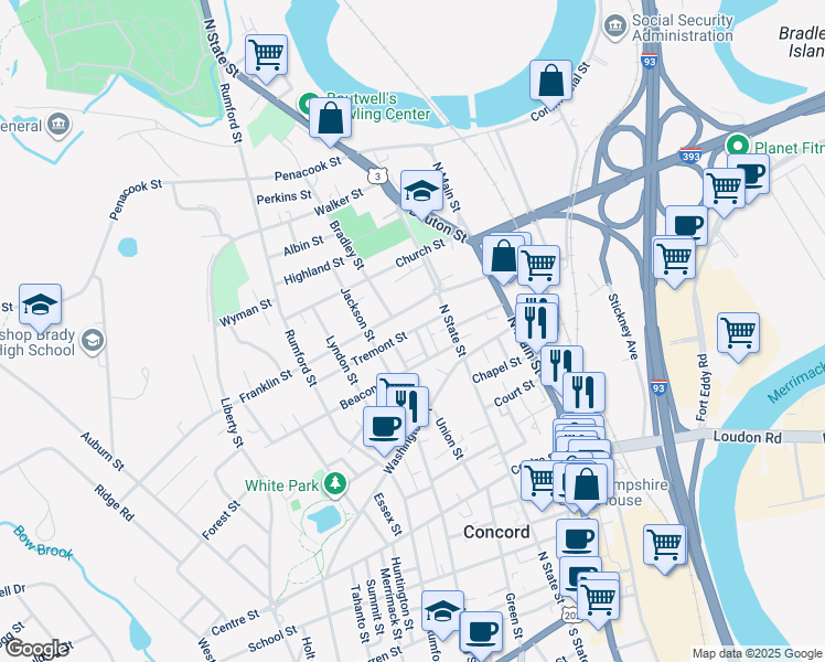map of restaurants, bars, coffee shops, grocery stores, and more near 2.5 Beacon Street in Concord