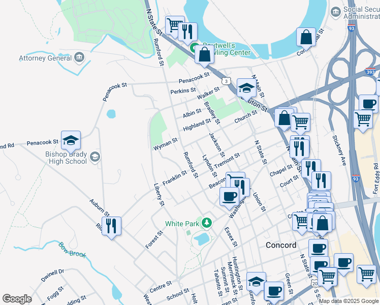 map of restaurants, bars, coffee shops, grocery stores, and more near 49 Lyndon Street in Concord