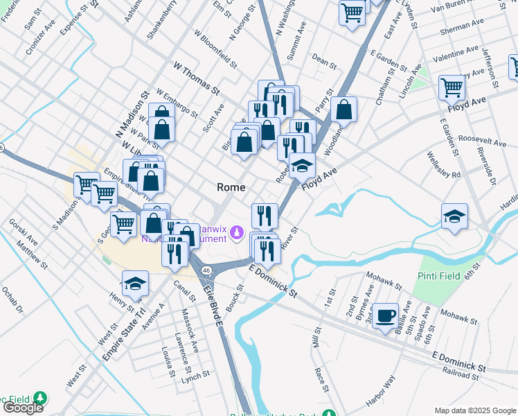 map of restaurants, bars, coffee shops, grocery stores, and more near 206 Steuben Street in Rome