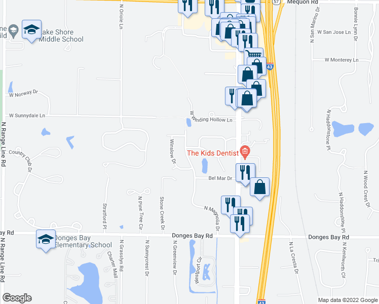 map of restaurants, bars, coffee shops, grocery stores, and more near 10634 North Magnolia Drive in Mequon