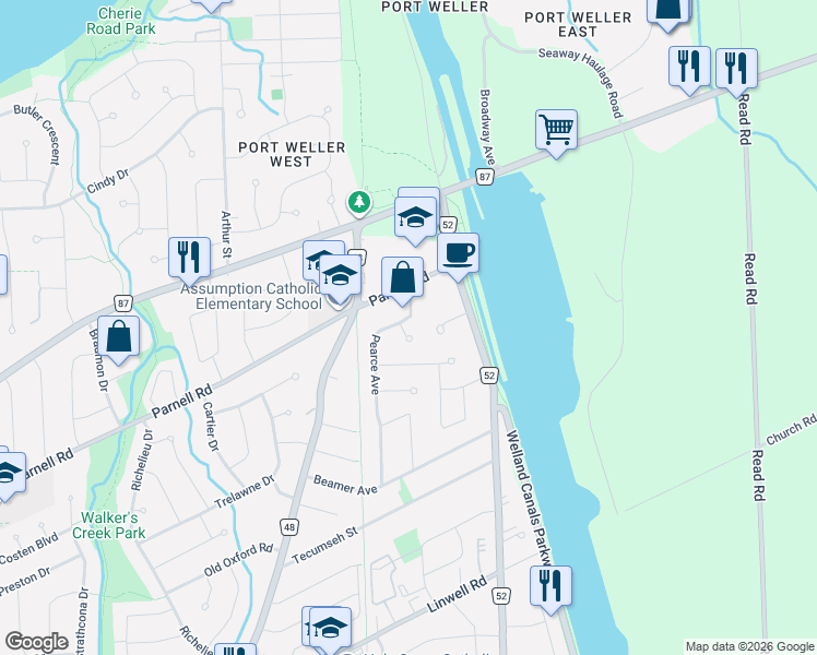 map of restaurants, bars, coffee shops, grocery stores, and more near 80 Pearce Avenue in St. Catharines