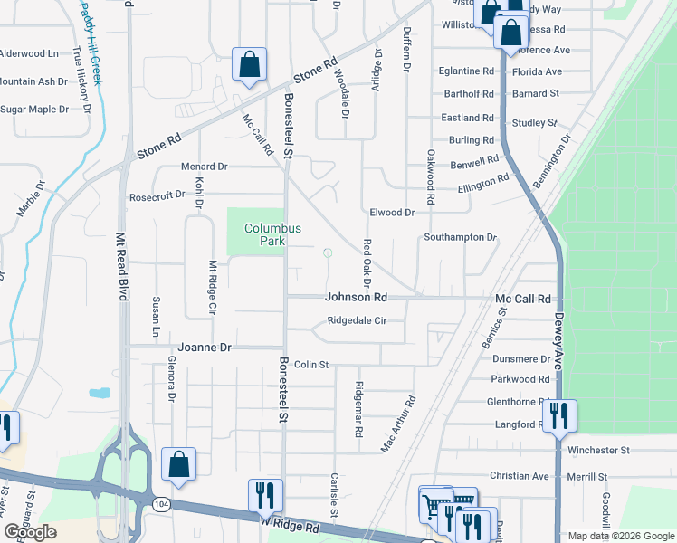 map of restaurants, bars, coffee shops, grocery stores, and more near 40 Chad Circle in Rochester