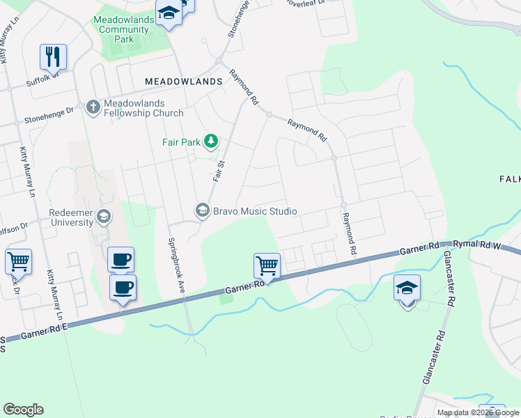 map of restaurants, bars, coffee shops, grocery stores, and more near 38 Weaver Drive in Hamilton