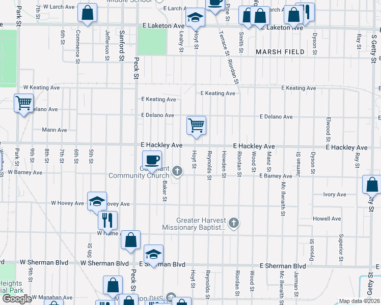 map of restaurants, bars, coffee shops, grocery stores, and more near 2204 Hoyt Street in Muskegon Heights